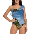 thumbnail image 1 of Salouo Lighthous Pattern One Shoulder Ruffled One Piece Swimsuit for Women V Neck Swimwear Tummy Control Bathing Suit-Small, 1 of 6