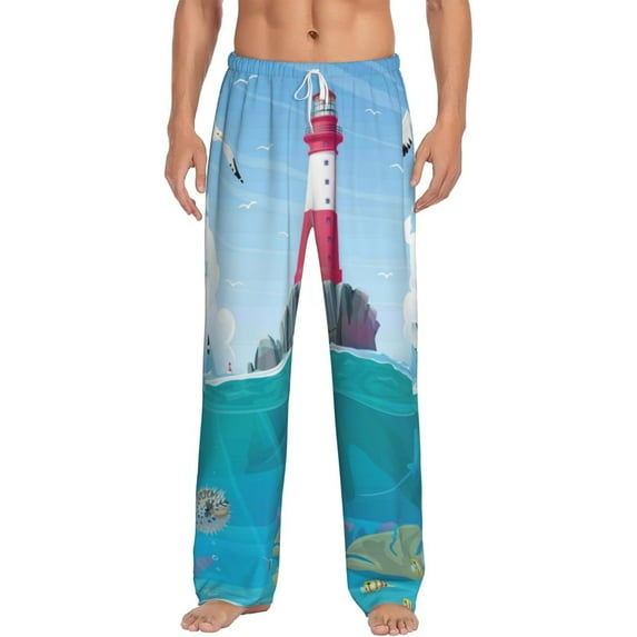 Salouo Lighthouse Sea Port Print Pajama Pants for Men, Lounge Pants Elastic Waistband Casual Men's sleepwear Loungewear Sleep Pajama Pant -Medium