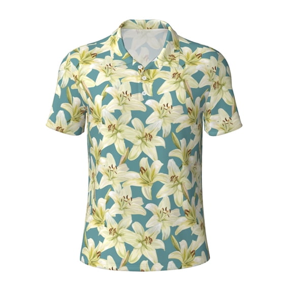 Salouo Lilies Flowers for Men's Short Sleeve Polo Shirts,Polo Shirts for Men Performance Short Sleeve Golf Shirt Athletic Casual Collared T-Shirt-3X-Large