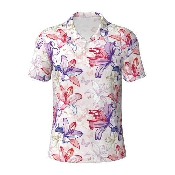 Salouo Lilies Flowers for Men's Short Sleeve Polo Shirts,Polo Shirts for Men Performance Short Sleeve Golf Shirt Athletic Casual Collared T-Shirt-XX-Large