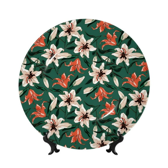 Salouo Lilies Flowers Pattern Bone China Decorative Plate,Holiday Decor Decorative Ceramic Plates with Stand Elegant Home DéCor for Hallway/Living Room/Bedroom-7in