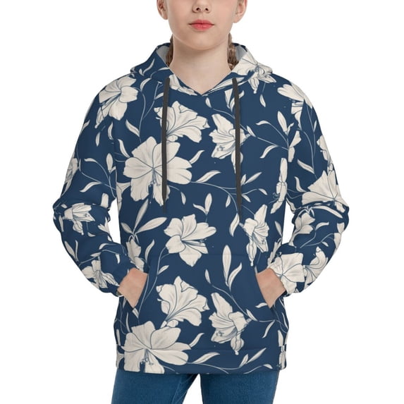 Salouo Lilies Flowers Pattern Hoodie Sweatshirt for Youth, Fall Pullover Hoodie Sweatshirt Long-Sleeve Pullover Hooded Sweatshirt-Medium