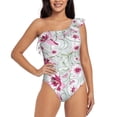 thumbnail image 1 of Salouo Lilies Flowers Pattern One Shoulder Ruffled One Piece Swimsuit for Women V Neck Swimwear Tummy Control Bathing Suit-Small, 1 of 6