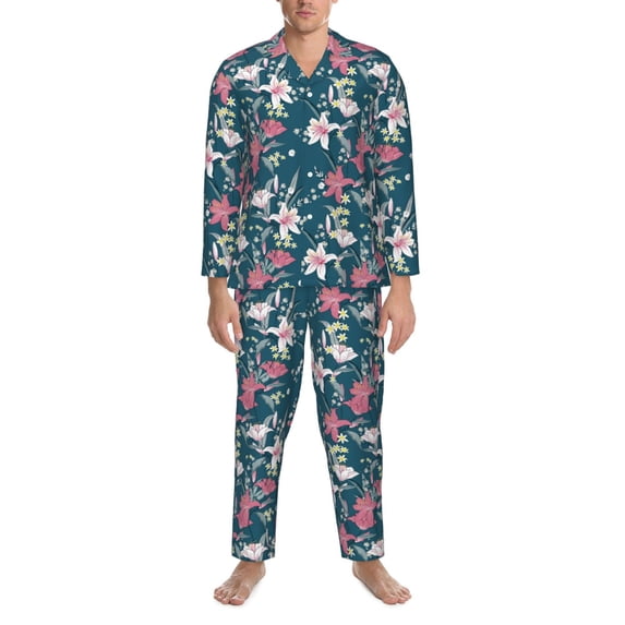 Salouo Lilies Flowers Print Button-Front Long Sleeve Pajama Set for Men, Soft 2Pjs Men's Long Sleeve Sleepwear -Medium