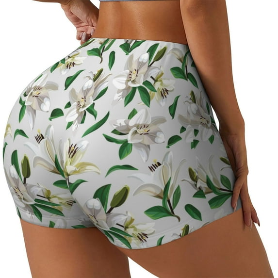 Salouo Lilies Flowers Print Women's Athletic Shorts,Booty Shorts Biker Shorts High Waisted Elastic Workout Shorts for Yoga Gym Running Sports-X-Large