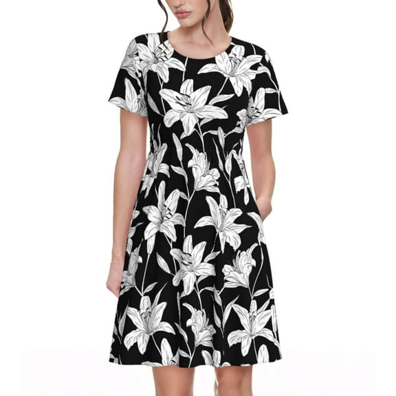 Salouo Lilies Flowers for Women's Short Sleeve Summer Dress, Pleated Loose Swing Knee Length Dresses with Pockets