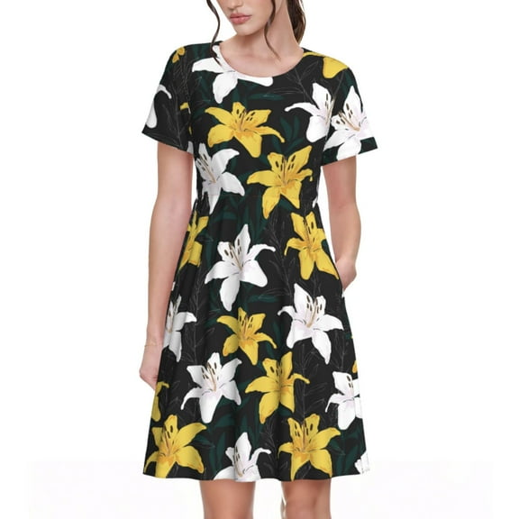Salouo Lilies Flowers for Women's Short Sleeve Summer Dress, Pleated Loose Swing Knee Length Dresses with Pockets