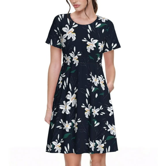 Salouo Lilies Flowers for Women's Short Sleeve Summer Dress, Pleated Loose Swing Knee Length Dresses with Pockets