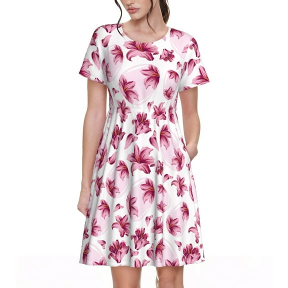 Salouo Lilies Flowers for Women's Short Sleeve Summer Dress, Pleated Loose Swing Knee Length Dresses with Pockets