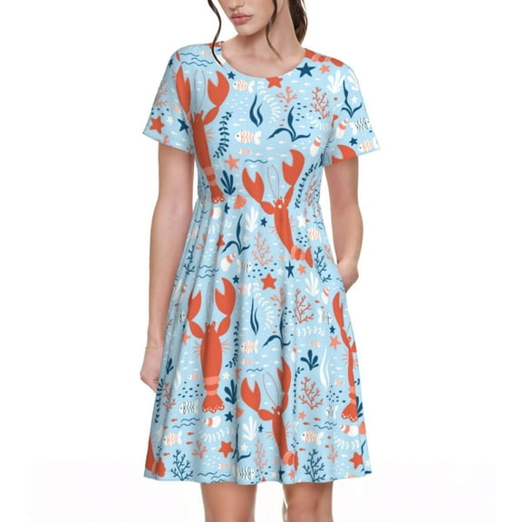 Salouo Lobsters for Women's Short Sleeve Summer Dress, Pleated Loose Swing Knee Length Dresses with Pockets