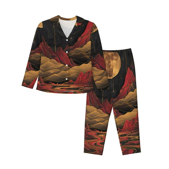 Salouo Lunar Mountains Golden Rivers Pattern Women's Pajamas Set Long Sleeve Button Down Sleepwear Soft Pj Lounge Sets for women 2 Piece Pjs Set with Long Pants -Large