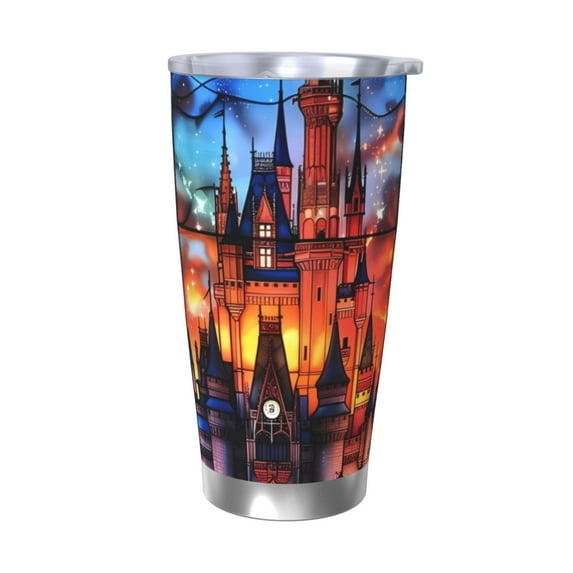 Salouo Magical Stained Glass Castle Print 20oz Tumbler with Lid,Stainless Steel Vacuum Insulated Tumbler Durable Insulated Coffee Mug Thermal Cup with Splash Proof Sliding Lid-Without Straw