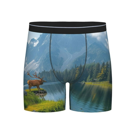 Salouo Majestic Deer Mountain Lake Pattern Men's Boxer Briefs, Soft & Breathable Underwear Elastic Waistband Briefs for Men,1-Pack