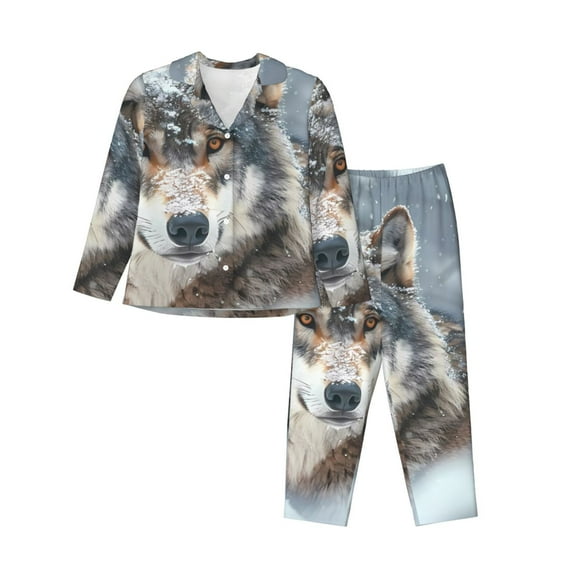 Salouo Majestic Snowy Wolf Pattern Women's Pajamas Set Long Sleeve Button Down Sleepwear Soft Pj Lounge Sets for women 2 Piece Pjs Set with Long Pants-XX-Large