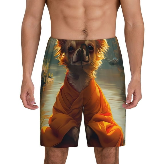Salouo Maple Leaf Meditating Chihuahua Pattern Men's Sleep Pajama Shorts,Pajama Bottoms Elastic Waistband Sleep Pajama Short PJ Shorts for Men -Small