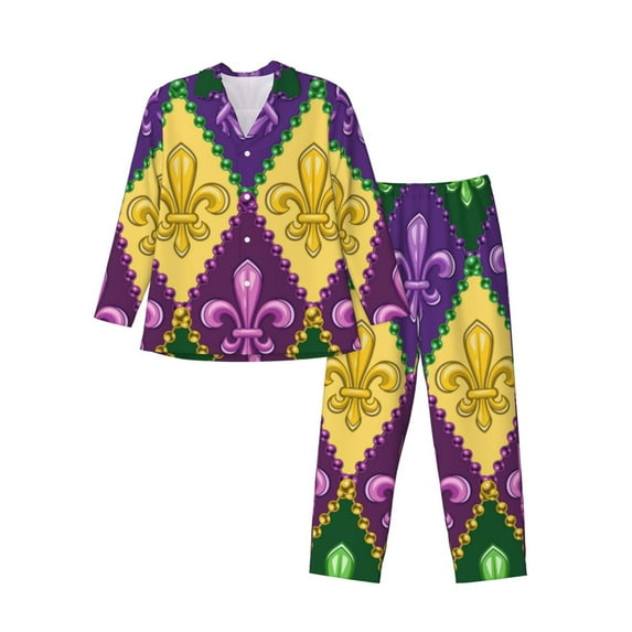 Salouo Mardi Gras4 Print Button-Front Long Sleeve Pajama Set for Men, Soft 2Pjs Men's Long Sleeve Sleepwear-Large