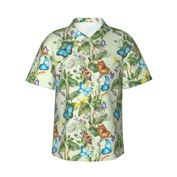 Salouo Meadow Plants And Butterflies for Hawaiian Shirt for Men,Summer Beach Casual Short Sleeve Button Down Shirts Men's Regular-Fit Short-Sleeve Print Shirt -X-Large