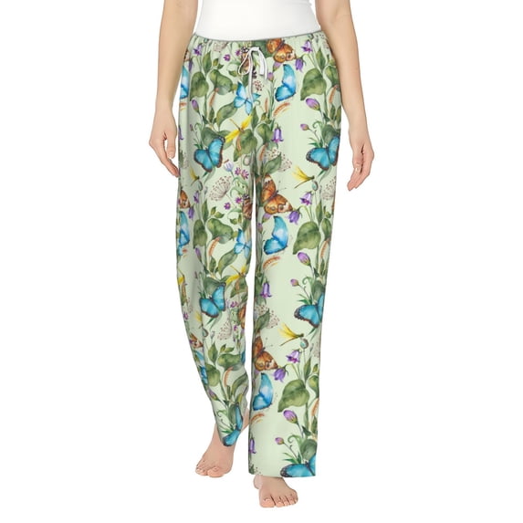 Salouo Meadow Plants And Butterflies Print Women's Pajama Pants Casual Loose Sweatpants PJs Flowy Pants Drawstring Palazzo for Women Wide Leg Pants Lounge Pajama -Small