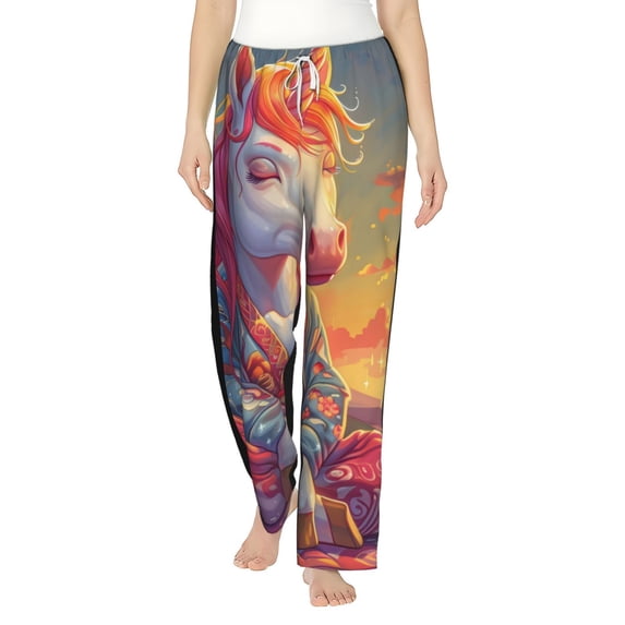 Salouo Meditating Cute Horse Print Women's Pajama Pants Casual Loose Sweatpants PJs Flowy Pants Drawstring Palazzo for Women Wide Leg Pants Lounge Pajama -Small