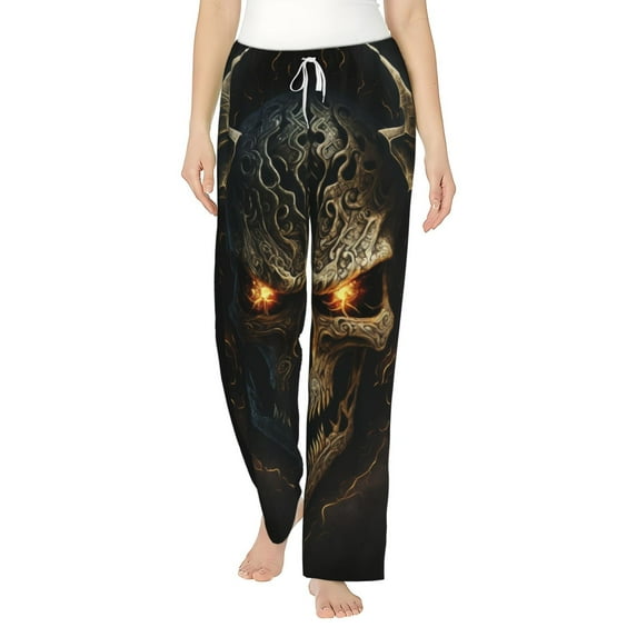Salouo Metal Evil Skull Print Women's Pajama Pants Casual Loose Sweatpants PJs Flowy Pants Drawstring Palazzo for Women Wide Leg Pants Lounge Pajama -Small