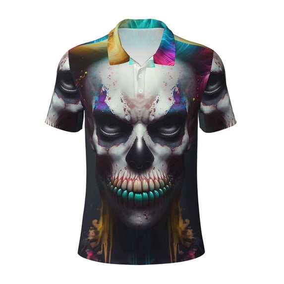 Salouo Modern Abstract Colorful Skull C for Men's Short Sleeve Polo Shirts,Polo Shirts for Men Performance Short Sleeve Golf Shirt Athletic Casual Collared T-Shirt-Large