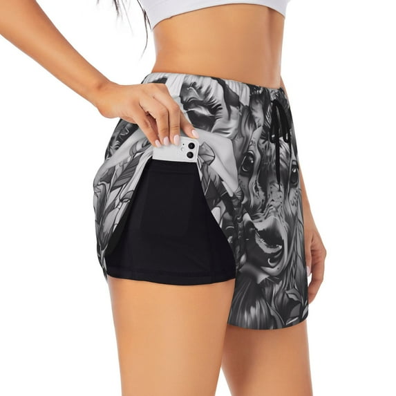 Salouo Monochrome Deer Floral Print Women's 2 in 1 Running Shorts Double-Layer Shorts Athletic Workout Gym Yoga Shorts Running Shorts for Women-Small
