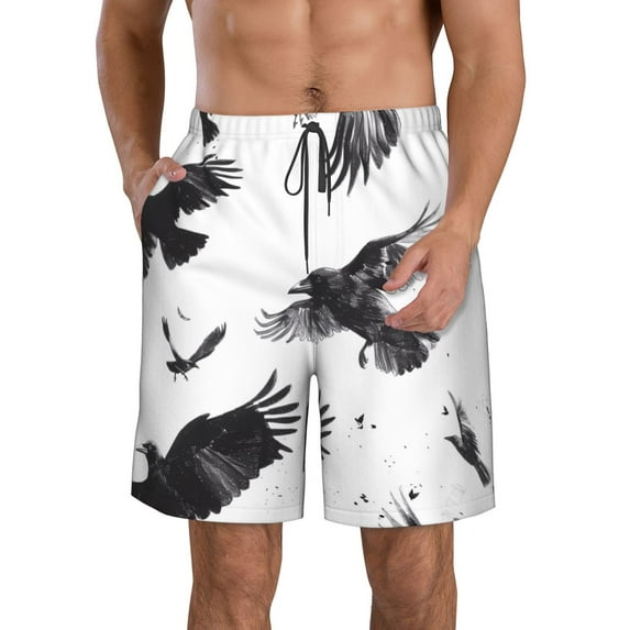 Salouo Monochrome Flying Ravens Pattern Swim Trunks for Men,Men's Hawaiian Bathing Suit Swimsuits Quick Dry Swimming Board Shorts Beach Shorts with Pockets-Small