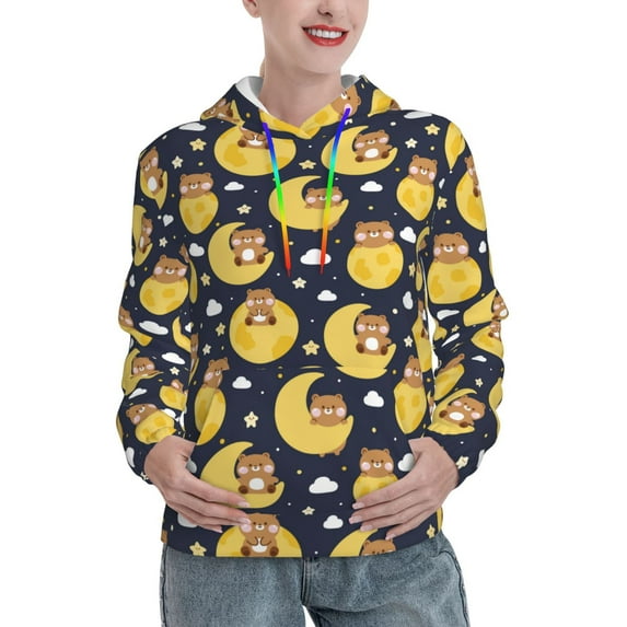 Salouo Moon Bear Pattern Hoodie Sweatshirts for Women, Autumn Pullover Hoodie Workout Sweat Women's Long Sleeve Preppy Sweatshirts-Medium