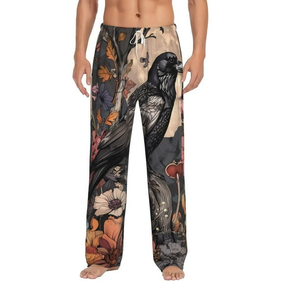 Salouo Moonlit Crow Blossoms Print Pajama Pants for Men, Lounge Pants Elastic Waistband Casual Men's sleepwear Loungewear Sleep Pajama Pant -Medium
