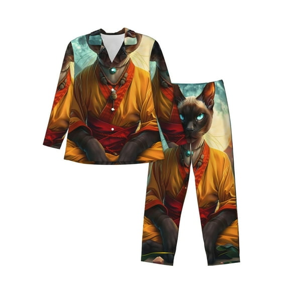 Salouo Moonlit Hairless Cat Monk Print Button-Front Long Sleeve Pajama Set for Men, Soft 2Pjs Men's Long Sleeve Sleepwear-Medium