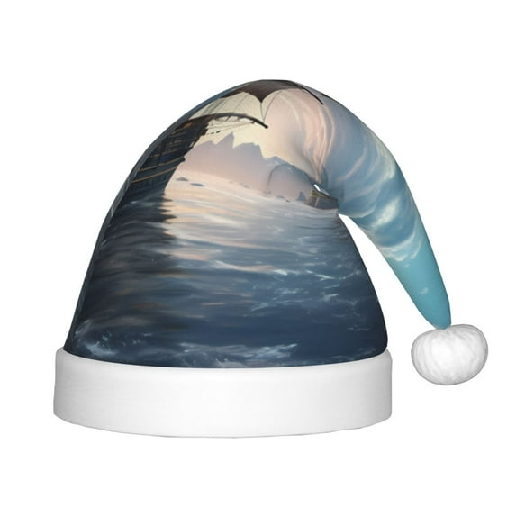Salouo Moonlit Sea Sailboat for Christmas Hat for Kids Xmas Holiday Hat Santa Hat for Boys & Girls Festive Headwear Accessories Fit for Christmas/ New Year/Holiday/Party