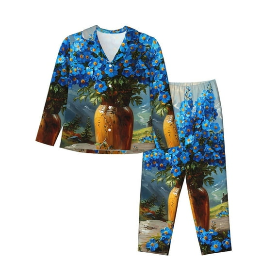 Salouo Mountain Blue Flowers Vase Pattern Women's Pajamas Set Long Sleeve Button Down Sleepwear Soft Pj Lounge Sets for women 2 Piece Pjs Set with Long Pants-Medium