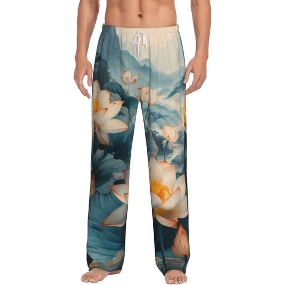 Salouo Mountain Lotus Serenity Print Pajama Pants for Men, Lounge Pants Elastic Waistband Casual Men's sleepwear Loungewear Sleep Pajama Pant -Small