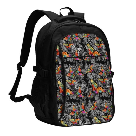 Salouo Multicolored Butterflies C Pattern Extra Large Travel Laptop,Backpack with USB Charging Port College Backpack Business Work Bag Casual Daypack Fits for Men & Women