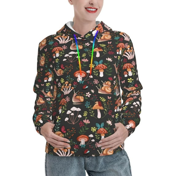 Salouo Mushroom With Snails Pattern Hoodie Sweatshirts for Women, Autumn Pullover Hoodie Workout Sweat Women's Long Sleeve Preppy Sweatshirts-Medium
