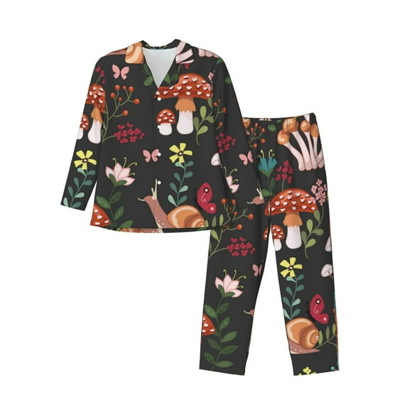 Salouo Mushroom With Snails Print Button-Front Long Sleeve Pajama Set for Men, Soft 2Pjs Men's Long Sleeve Sleepwear-Medium