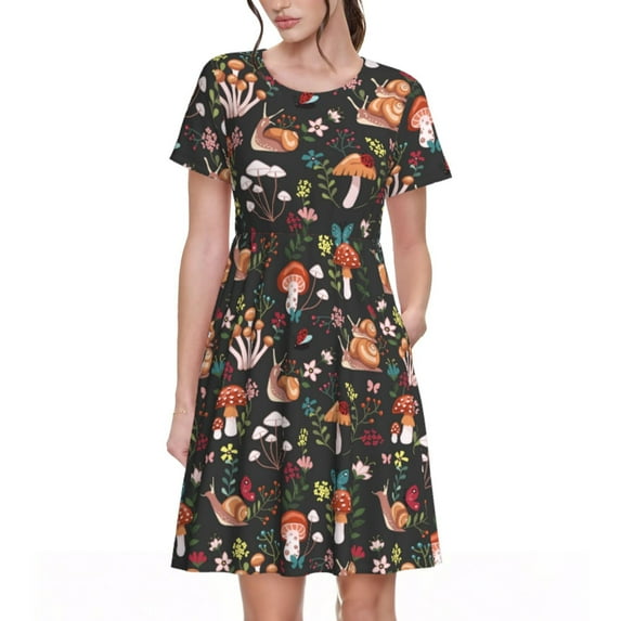 Salouo Mushroom With Snails for Women's Short Sleeve Summer Dress, Pleated Loose Swing Knee Length Dresses with Pockets