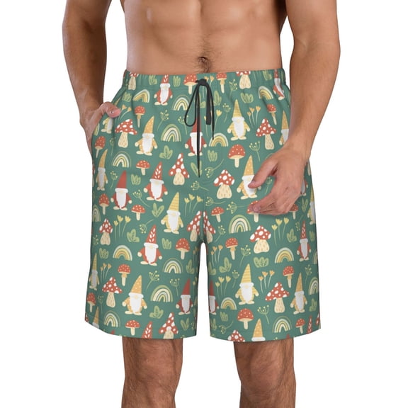 Salouo Mushrooms Gnome Pattern Swim Trunks for Men,Men's Hawaiian Bathing Suit Swimsuits Quick Dry Swimming Board Shorts Beach Shorts with Pockets-Small