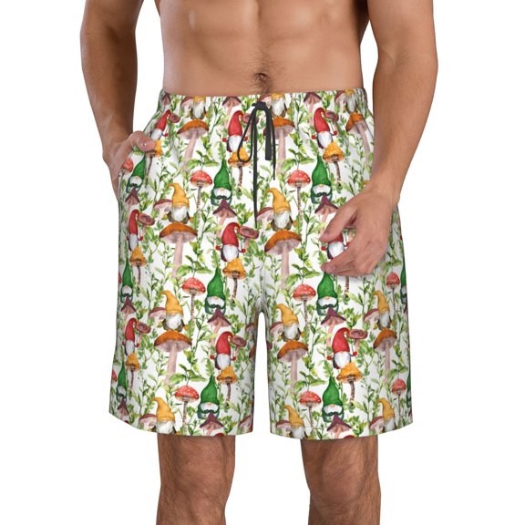 Salouo Mushrooms Gnomes Pattern Swim Trunks for Men,Men's Hawaiian Bathing Suit Swimsuits Quick Dry Swimming Board Shorts Beach Shorts with Pockets-Small