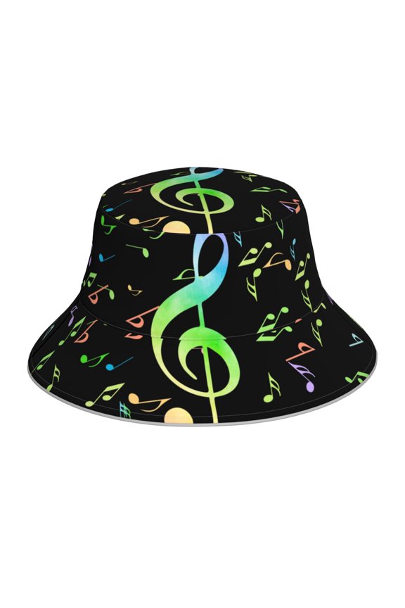Music Notes Print Unisex Bucket Hat, Outdoor Summer Beach Fishing Sun Hat Fun Outdoor Vacation Hat for Men Women Teens,Reversible Double-Side-Wear