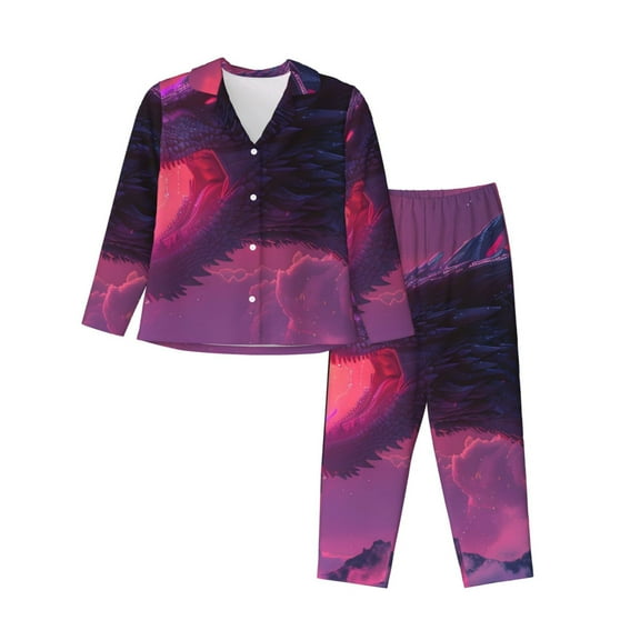 Salouo Mystical Dragon Under Moon Pattern Women's Pajamas Set Long Sleeve Button Down Sleepwear Soft Pj Lounge Sets for women 2 Piece Pjs Set with Long Pants-
