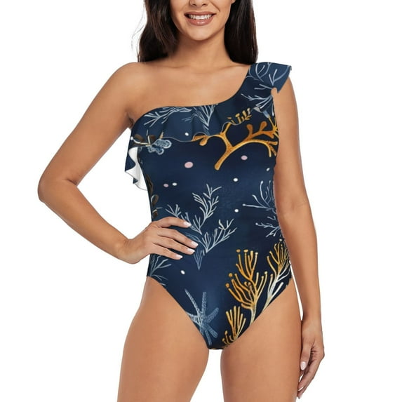 Salouo Mystical Underwater Coral Scene Pattern One Shoulder Ruffled One Piece Swimsuit for Women V Neck Swimwear Tummy Control Bathing Suit-XX-Large