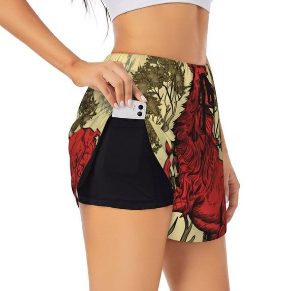 Salouo Mythical Red Stag Illustration Print Women's 2 in 1 Running Shorts Double-Layer Shorts Athletic Workout Gym Yoga Shorts Running Shorts for Women-X-Large