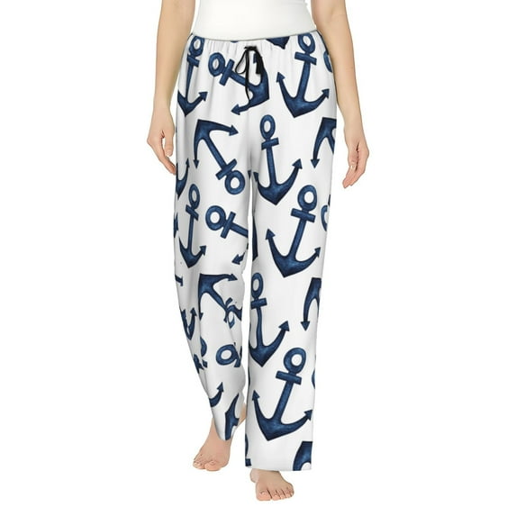 Salouo Navy Blue Anchor Print Women's Pajama Pants Casual Loose Sweatpants PJs Flowy Pants Drawstring Palazzo for Women Wide Leg Pants Lounge Pajama -Large