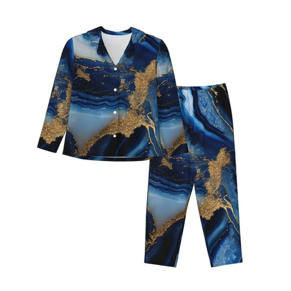 Salouo Navy Blue Marble Pattern Women's Pajamas Set Long Sleeve Button Down Sleepwear Soft Pj Lounge Sets for women 2 Piece Pjs Set with Long Pants-