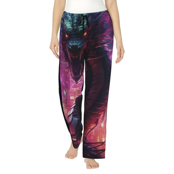 Salouo Neon Futuristic Dragon Print Women's Pajama Pants Casual Loose Sweatpants PJs Flowy Pants Drawstring Palazzo for Women Wide Leg Pants Lounge Pajama -Small
