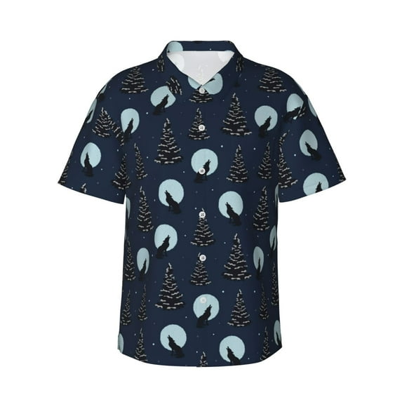 Salouo Night Forest Wolf for Hawaiian Shirt for Men,Summer Beach Casual Short Sleeve Button Down Shirts Men's Regular-Fit Short-Sleeve Print Shirt -XX-Large