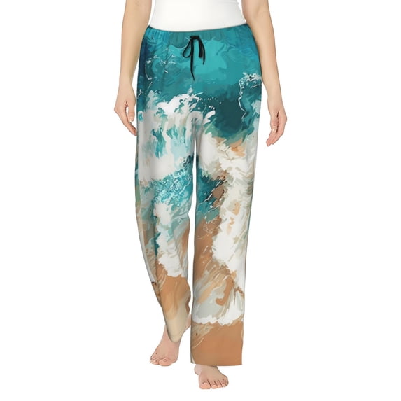 Salouo Ocean Wave Crash Print Women's Pajama Pants Casual Loose Sweatpants PJs Flowy Pants Drawstring Palazzo for Women Wide Leg Pants Lounge Pajama -X-Large