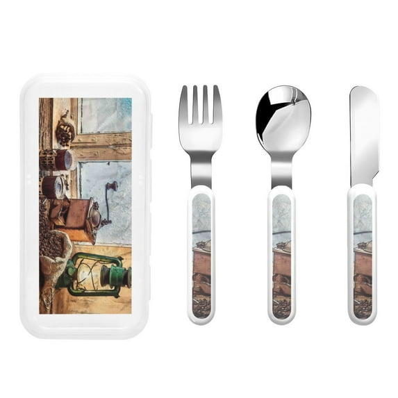 Salouo Oil Lamp Coffee Beans Pattern 3 Pieces Toddler Utensils, Kids Silverware Set Stainless Steel Utensils for Kids Children Safe Spoons Forks & Knife Dishwasher Safe