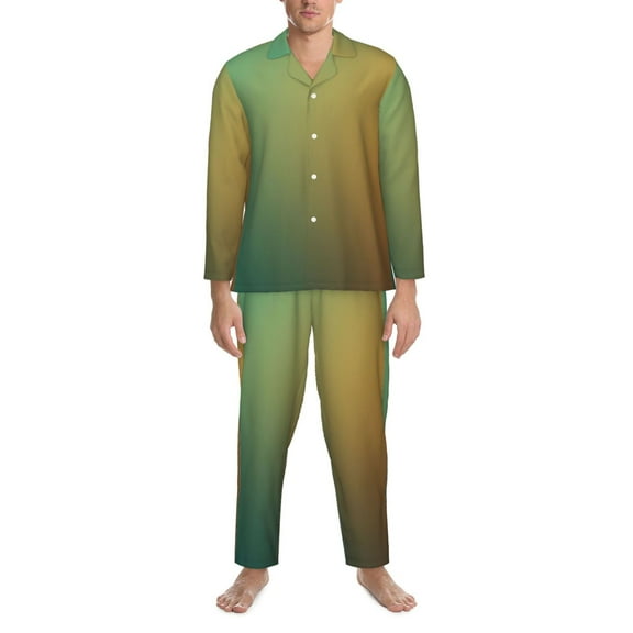 Salouo Orange To Teal Gradient Print Button-Front Long Sleeve Pajama Set for Men, Soft 2Pjs Men's Long Sleeve Sleepwear -Small